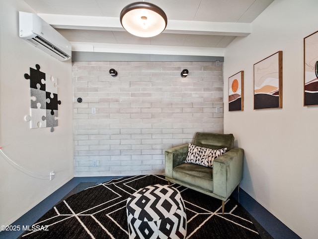 mudroom with brick wall, a wall unit AC, and beam ceiling