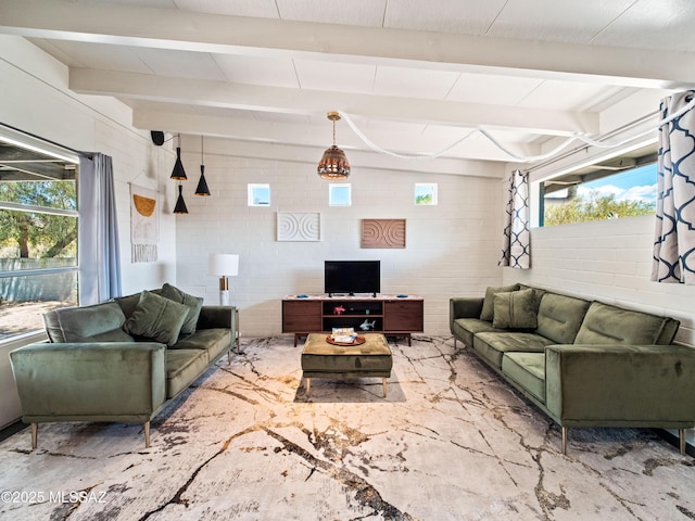 living area with plenty of natural light and beam ceiling