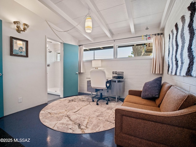 home office with beamed ceiling