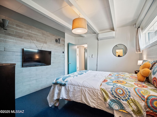 bedroom with carpet, an AC wall unit, and beam ceiling