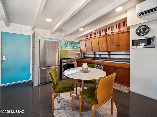 dining space featuring an AC wall unit, recessed lighting, and beamed ceiling