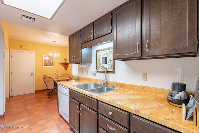 kitchen featuring a sink, visible vents, dark brown cabinetry, dishwasher, and light countertops