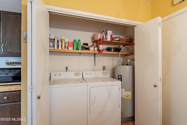 laundry room featuring washing machine and clothes dryer, electric water heater, and laundry area