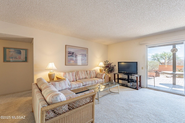 living area featuring carpet and a textured ceiling