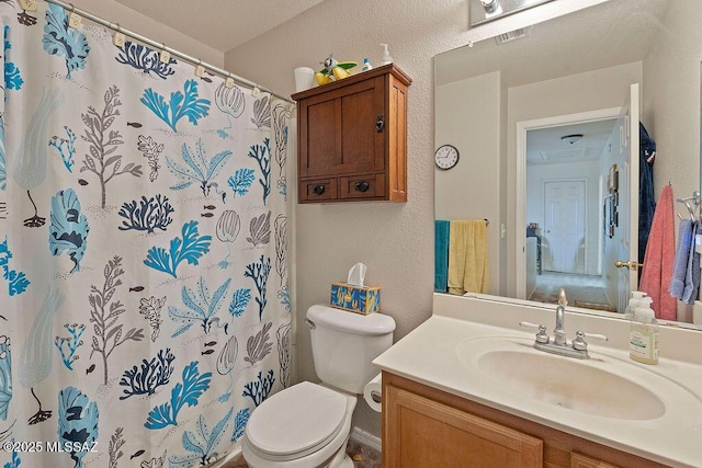 3969 W Pine Creek Way, Tucson, AZ 85745 - bathroom with toilet, a textured wall, vanity, and a shower with shower curtain