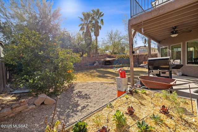 3969 W Pine Creek Way, Tucson, AZ 85745 - view of yard featuring a ceiling fan, a fenced backyard, a patio, and a balcony