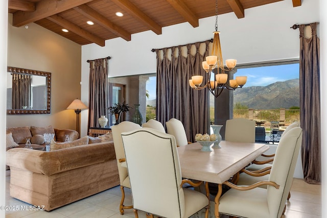 11028 N Pusch Ridge View Pl, Oro Valley, AZ 85737 - dining area with a chandelier, wooden ceiling, a mountain view, light tile patterned floors, and recessed lighting