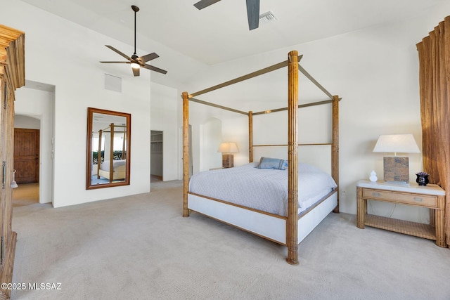 11028 N Pusch Ridge View Pl, Oro Valley, AZ 85737 - carpeted bedroom with high vaulted ceiling and a ceiling fan