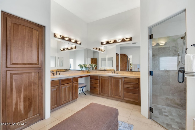 11028 N Pusch Ridge View Pl, Oro Valley, AZ 85737 - full bathroom with double vanity, a stall shower, and tile patterned floors