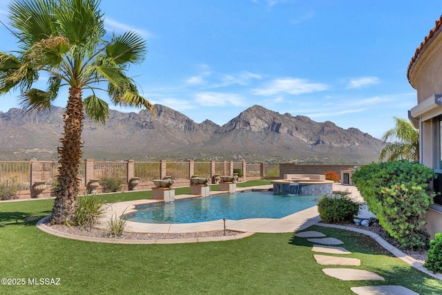 11028 N Pusch Ridge View Pl, Oro Valley, AZ 85737 - view of pool with a mountain view, area for grilling, and a pool with connected hot tub