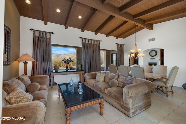 11028 N Pusch Ridge View Pl, Oro Valley, AZ 85737 - living area featuring wood ceiling with exposed beams, a chandelier, recessed lighting, high vaulted ceiling, and light tile patterned floors