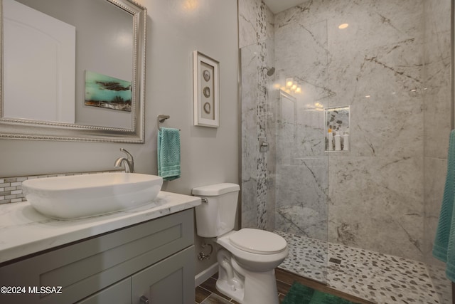bathroom with vanity, walk in shower, and toilet