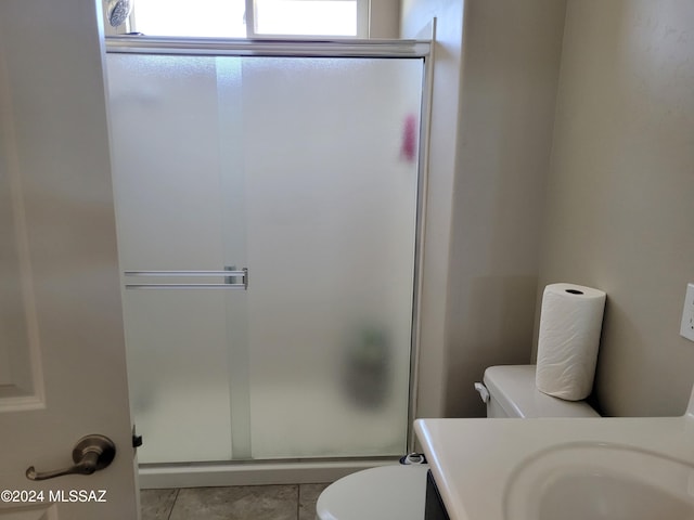 full bath featuring tile patterned floors, toilet, a stall shower, and vanity