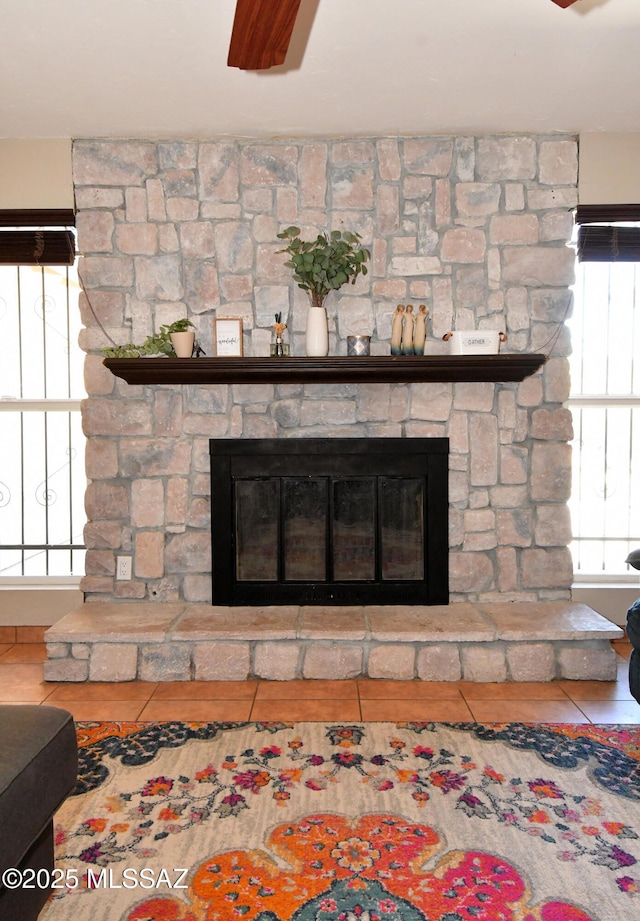 detailed view of a stone fireplace