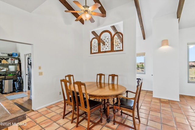 20 Buckskin Ln, Sonoita, AZ 85637 - dining room featuring beamed ceiling, high vaulted ceiling, ceiling fan, and a wealth of natural light