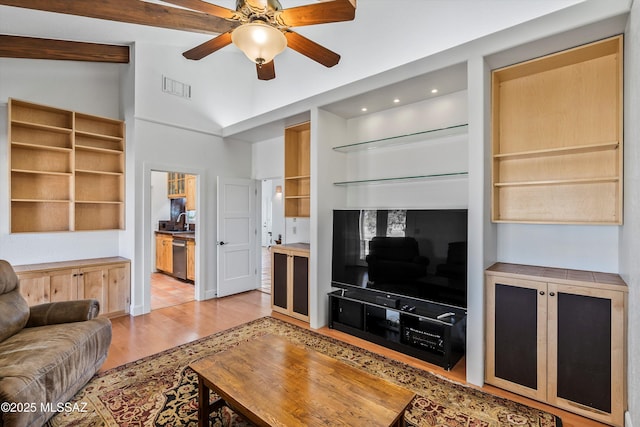 20 Buckskin Ln, Sonoita, AZ 85637 - living area with visible vents, a ceiling fan, light wood-style flooring, and high vaulted ceiling