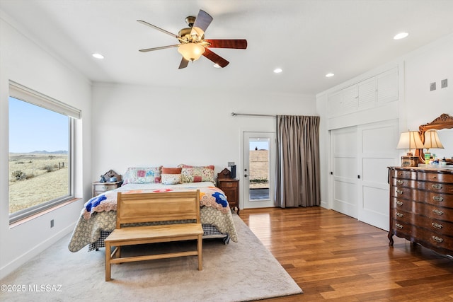 20 Buckskin Ln, Sonoita, AZ 85637 - bedroom featuring recessed lighting, ceiling fan, access to exterior, and wood finished floors