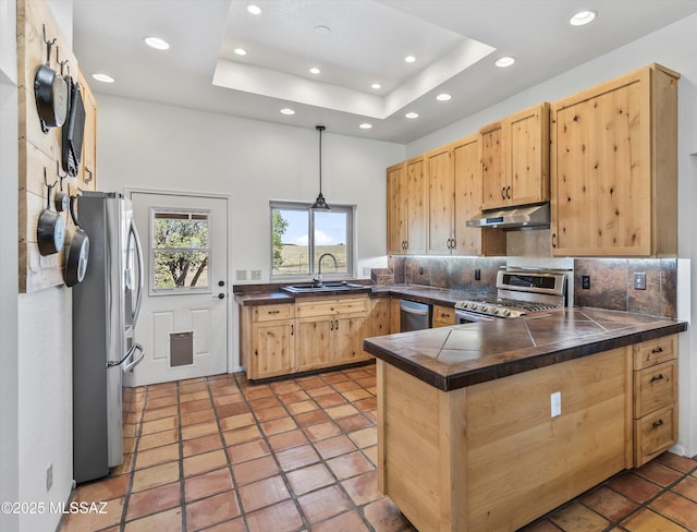 20 Buckskin Ln, Sonoita, AZ 85637 - kitchen with a sink, appliances with stainless steel finishes, under cabinet range hood, and light brown cabinets