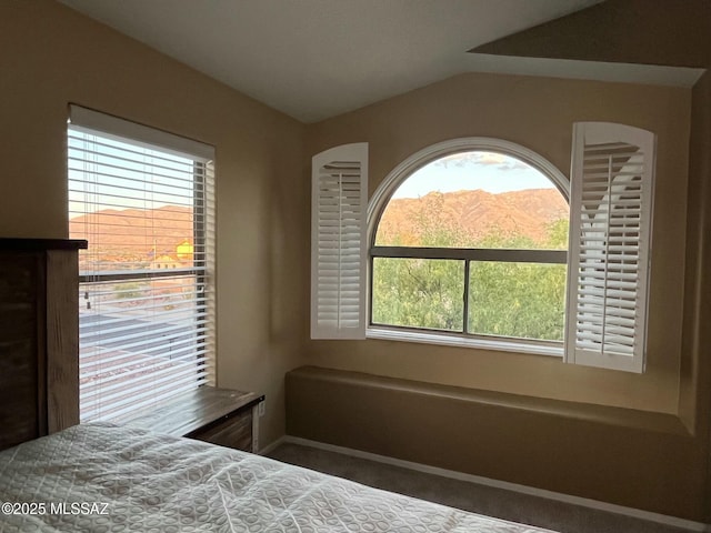 60954 Rock Ledge Loop, Tucson, AZ 85739 - carpeted bedroom with multiple windows, lofted ceiling, a mountain view, and baseboards