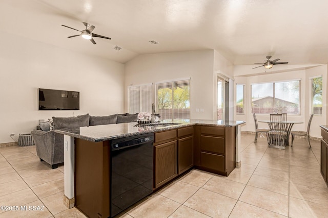 kitchen with dishwasher, a ceiling fan, and open floor plan