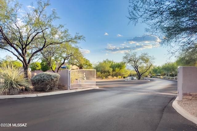 view of street with a gate, a gated entry, and curbs