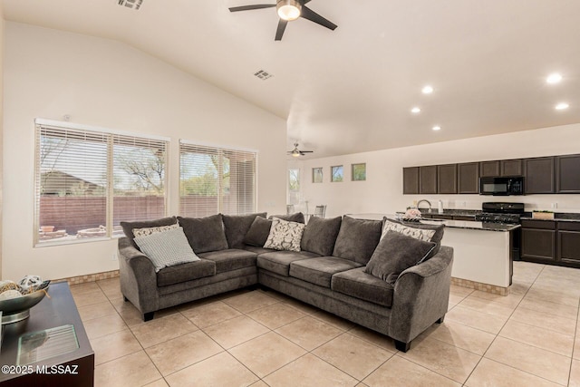 living room with recessed lighting, visible vents, ceiling fan, and light tile patterned floors
