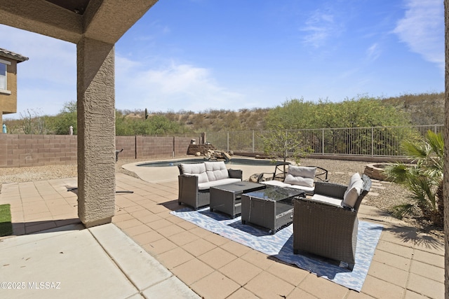 view of patio with a fenced in pool, an outdoor living space, and a fenced backyard