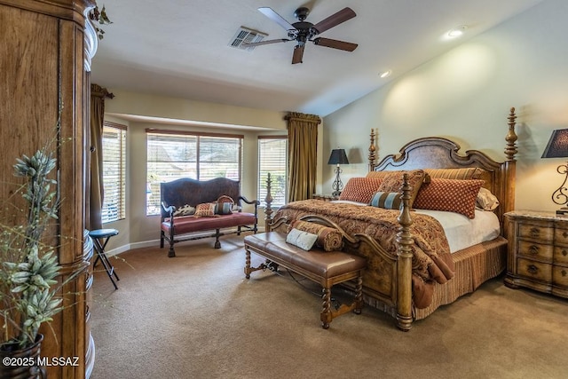 61867 E Ironwood Ln, Tucson, AZ 85739 - carpeted bedroom with a ceiling fan, vaulted ceiling, recessed lighting, and visible vents