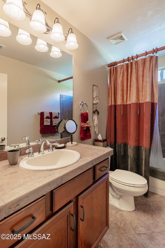 61867 E Ironwood Ln, Tucson, AZ 85739 - bathroom with tile patterned flooring, vanity, toilet, shower / bath combination with curtain, and visible vents