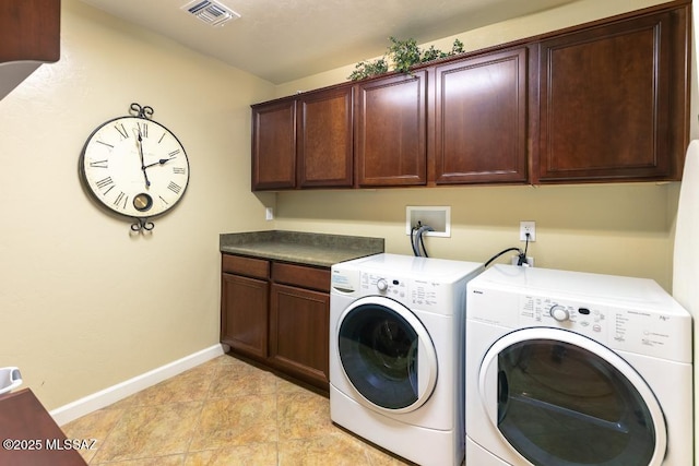 61867 E Ironwood Ln, Tucson, AZ 85739 - laundry area with visible vents, cabinet space, baseboards, and washing machine and clothes dryer