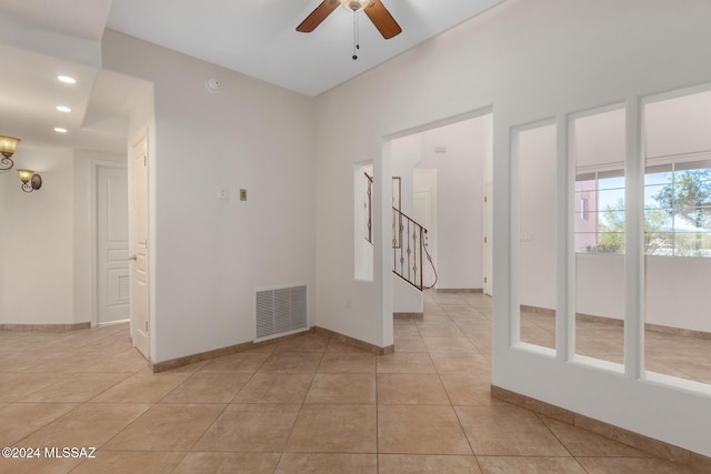 spare room with recessed lighting, light tile patterned floors, visible vents, and ceiling fan