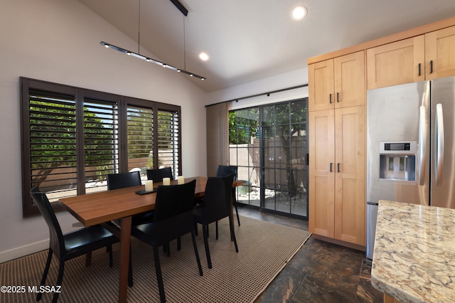 dining space with baseboards, recessed lighting, and high vaulted ceiling