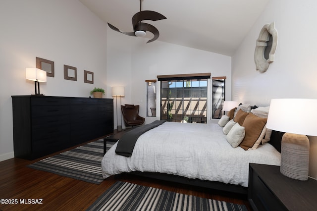 bedroom featuring high vaulted ceiling, baseboards, a ceiling fan, and wood finished floors