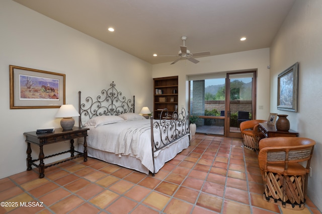 4915 N Via De La Granja, Tucson, AZ 85718 - bedroom with access to exterior, recessed lighting, light tile patterned floors, and ceiling fan