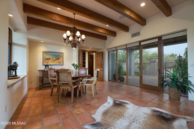 4915 N Via De La Granja, Tucson, AZ 85718 - dining space featuring beam ceiling, a chandelier, light tile patterned flooring, and recessed lighting