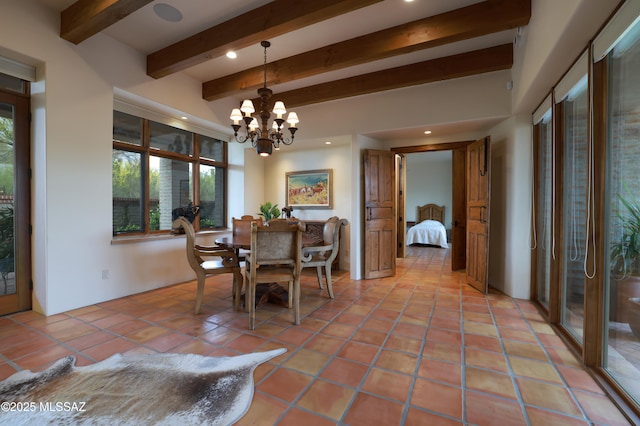 4915 N Via De La Granja, Tucson, AZ 85718 - dining space with beamed ceiling, a chandelier, and recessed lighting