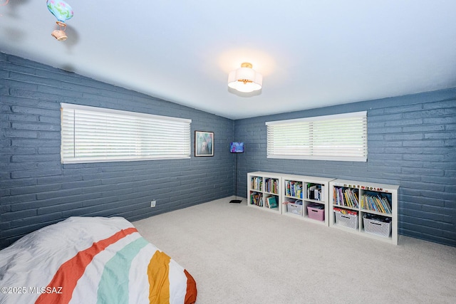 1652 W Roller Coaster Rd, Tucson, AZ 85704 - bedroom featuring lofted ceiling, carpet flooring, and brick wall