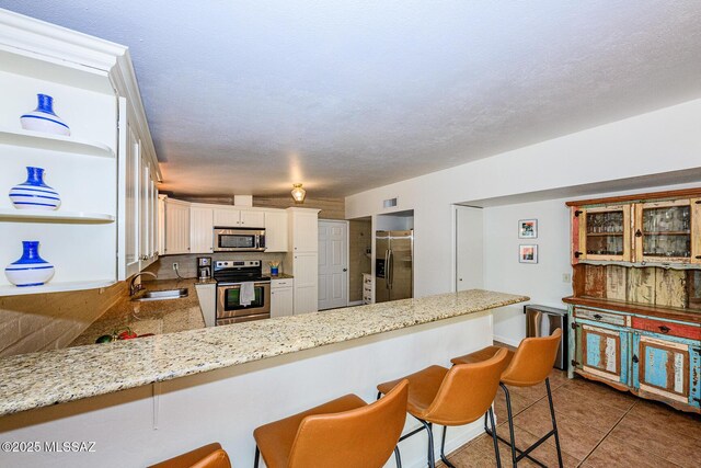 1652 W Roller Coaster Rd, Tucson, AZ 85704 - kitchen featuring tile patterned floors, a sink, light stone countertops, a peninsula, and appliances with stainless steel finishes