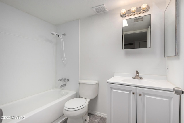 full bathroom with visible vents, bathtub / shower combination, vanity, baseboards, and toilet