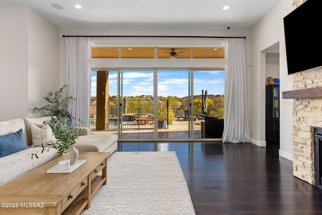 living room with baseboards, wood finished floors, a stone fireplace, and recessed lighting
