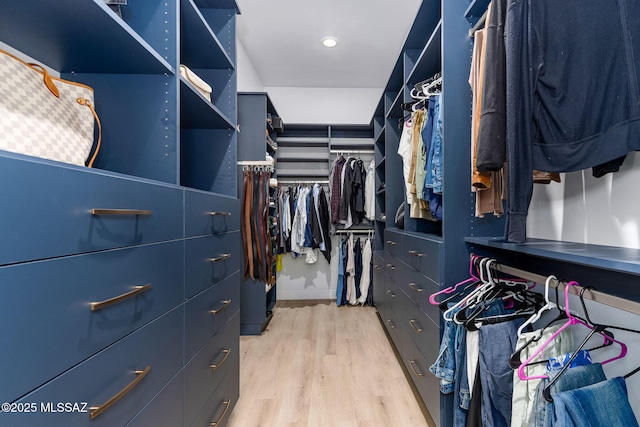 walk in closet with light wood finished floors