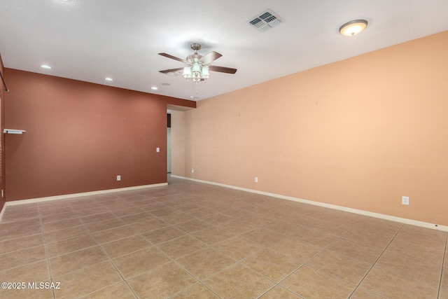 spare room featuring visible vents, baseboards, ceiling fan, recessed lighting, and light tile patterned flooring