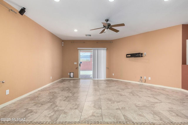unfurnished room with baseboards, a ceiling fan, visible vents, and recessed lighting
