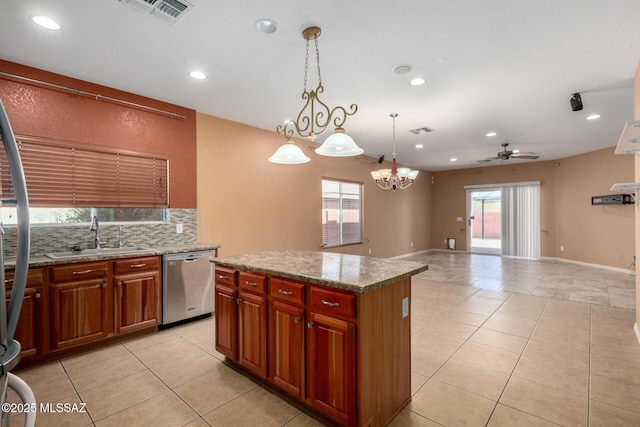kitchen with visible vents, light tile patterned floors, dishwasher, a sink, and recessed lighting