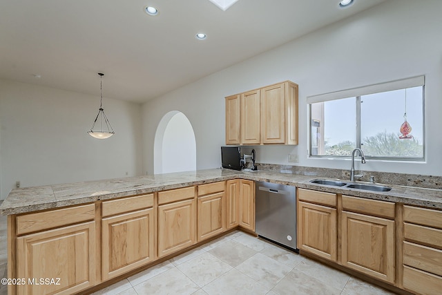 4247 W Flying Diamond Dr, Tucson, AZ 85742 - kitchen with a sink, light brown cabinets, light tile patterned flooring, a peninsula, and stainless steel dishwasher