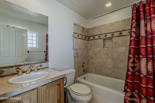 4247 W Flying Diamond Dr, Tucson, AZ 85742 - bathroom with decorative backsplash, shower / tub combo, visible vents, toilet, and vanity