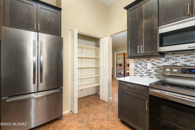 9622 E Paseo, San Ardo, Tucson, AZ 85747 - kitchen featuring appliances with stainless steel finishes, light tile patterned floors, decorative backsplash, light countertops, and dark brown cabinets