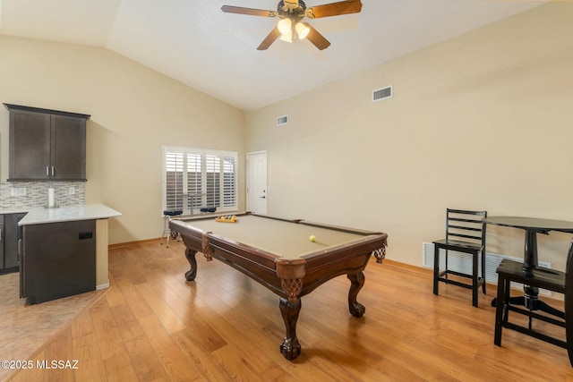 playroom featuring billiards, light wood finished floors, visible vents, and ceiling fan