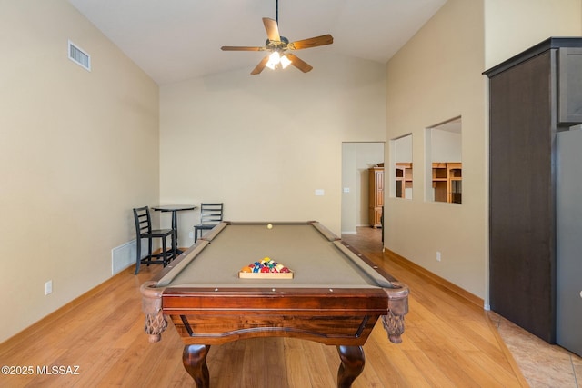 9622 E Paseo, San Ardo, Tucson, AZ 85747 - playroom with ceiling fan, light wood-style flooring, high vaulted ceiling, pool table, and baseboards