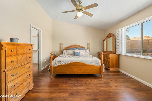 9622 E Paseo, San Ardo, Tucson, AZ 85747 - bedroom with wood finished floors, baseboards, lofted ceiling, and ceiling fan